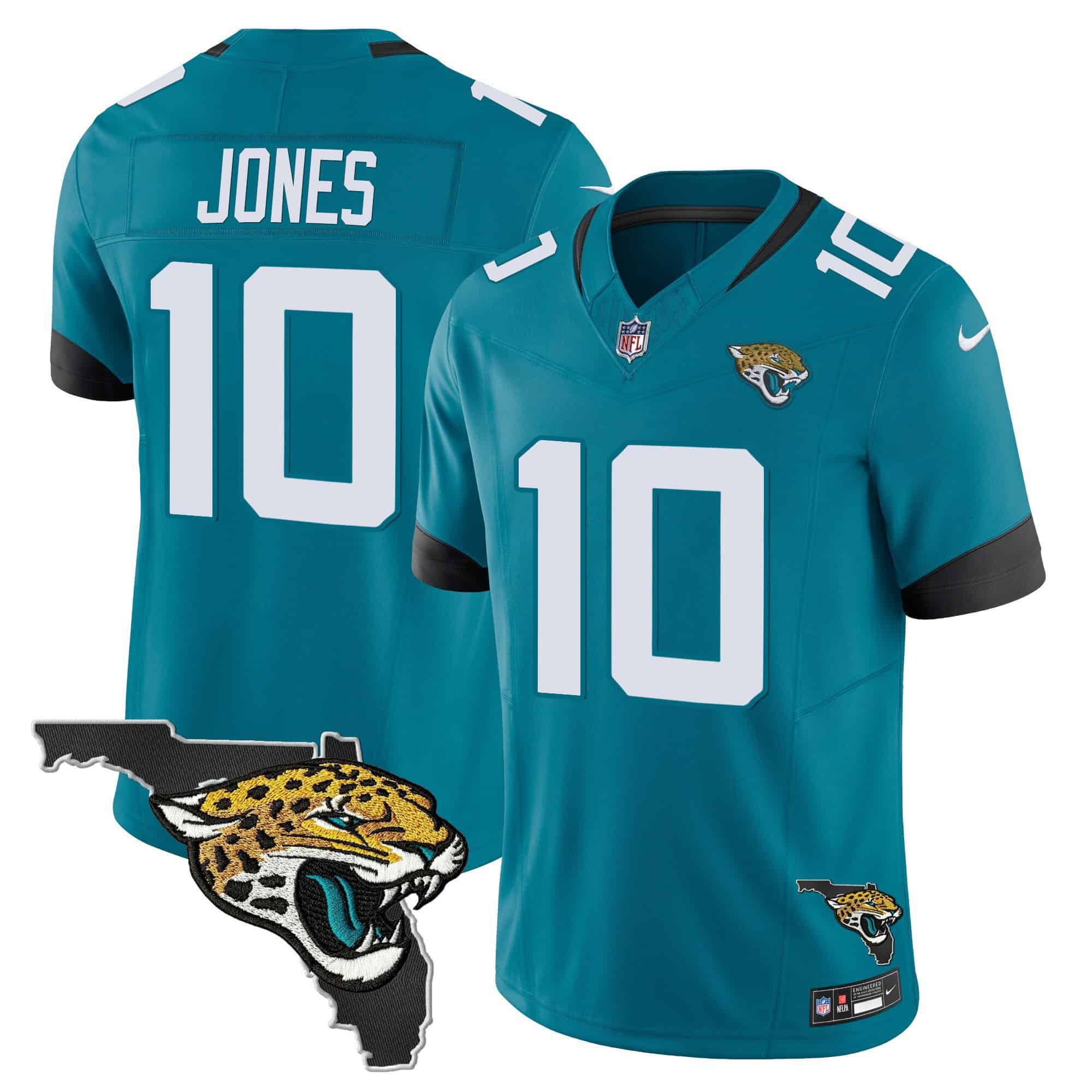 Men Jacksonville Jaguars 10 Jones Green 2024 Nike Florida Patch Vapor NFL Jersey style 1